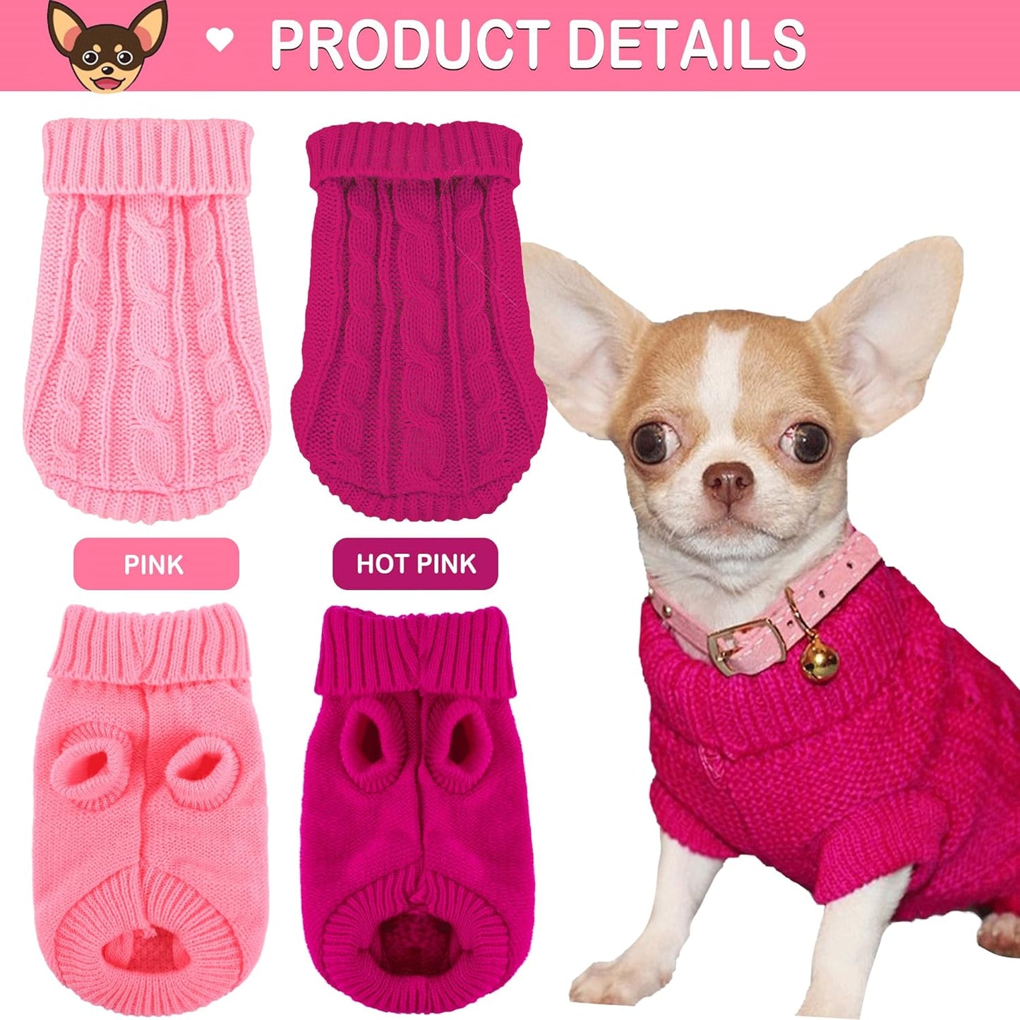 Kallfir's cutie XXS Dog Sweater, 2 Pieces Chihuahua Sweater Yorkie Teacup Dog Clothes for Small Dogs Girl Winter Puppy Clothes Outfits XX-Small Pink