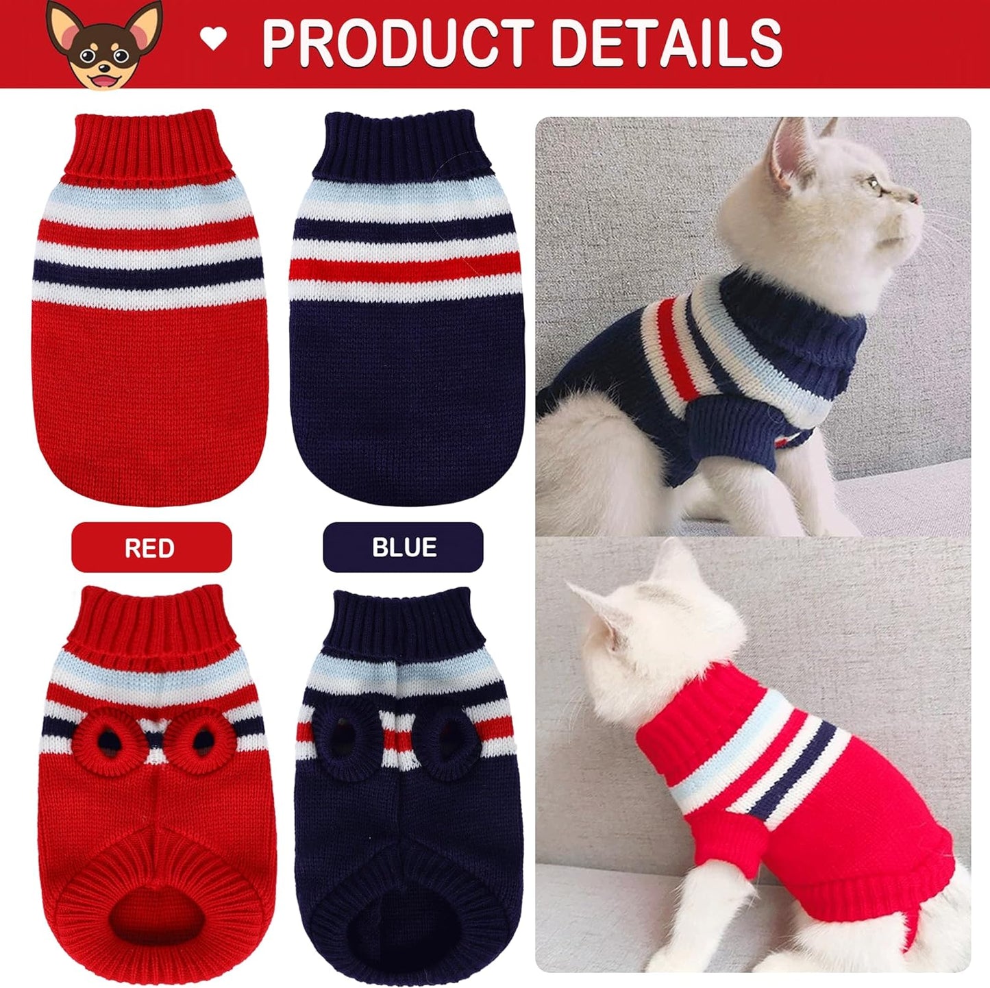 Kallfir's cutie 2 Pieces Christmas Dog Sweater Xxs Dog Sweater Striped Knitted Turtleneck Winter Dog Clothes for Small Dogs Chihuahua Sweater Christmas Dog Outfit